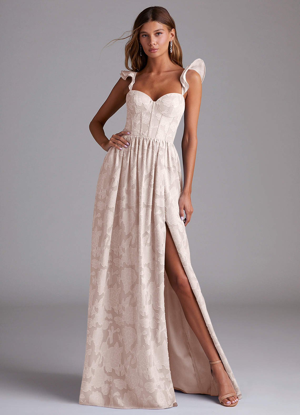 Azazie Denisse Bridesmaid Dresses Blushing Pink A-Line Ruched Floral Burnout Dress image1