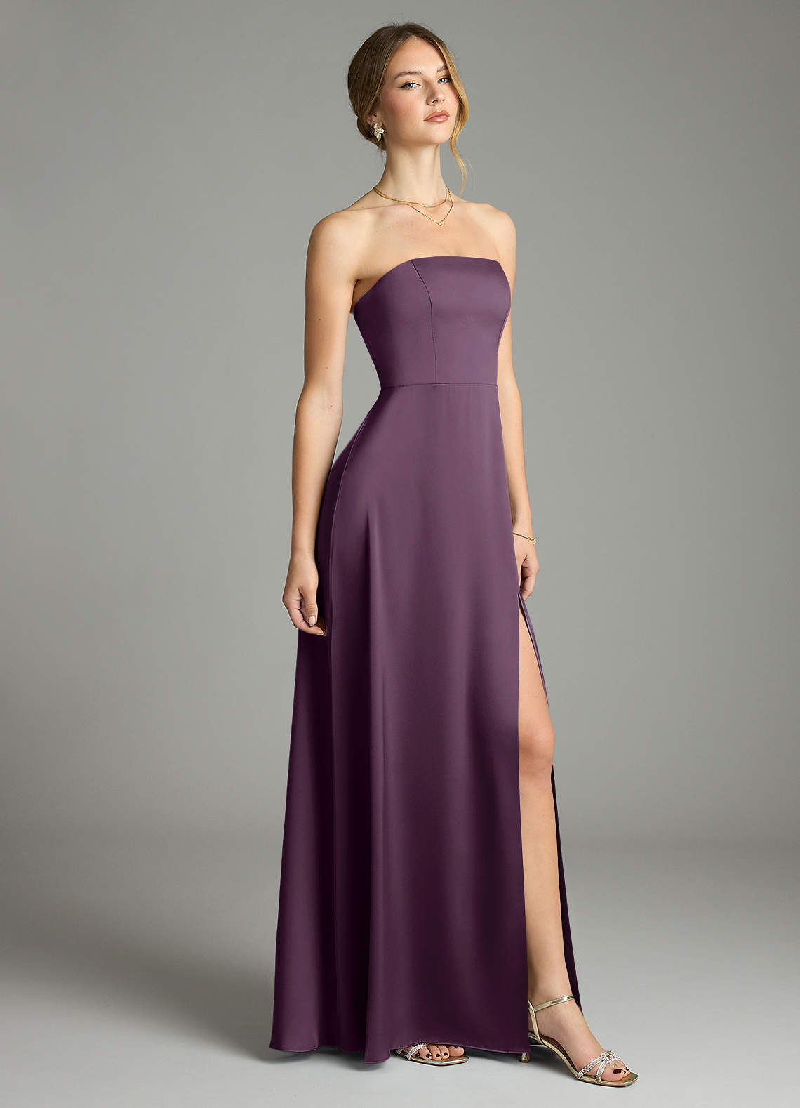 Azazie Wren Bridesmaid Dresses Plum A-Line Strapless Stretch Satin Convertible Dress image1