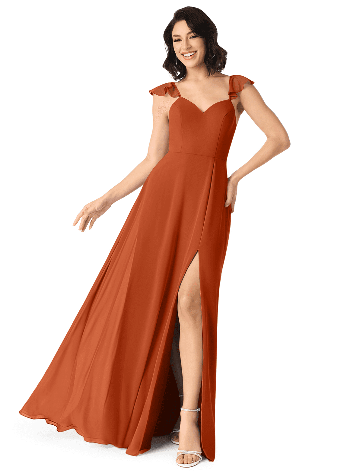 Azazie Everett Bridesmaid Dresses Burnt Orange A-Line V-neck Ruched Chiffon Dress image1