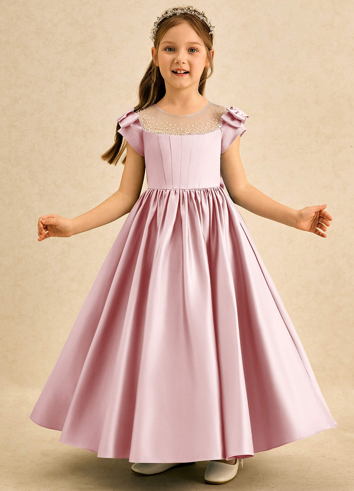 Azazie Toffee Vestidos de florista Vestido Pó Rosa de Cetim fosco de Vestido de baile com Laço image2