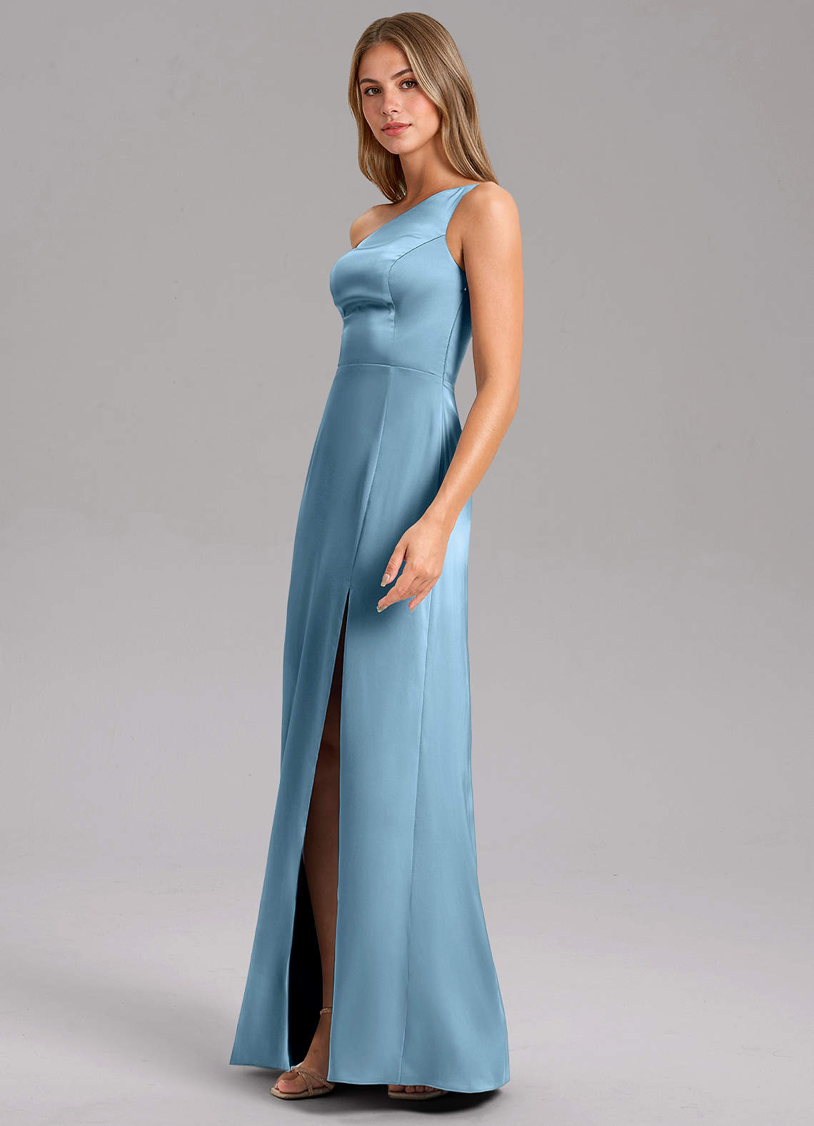 Azazie Phaedra Probar vestidos en casa Vestido de Oliva de Satén Elástico de Corte en A con Hombro unilateral image3