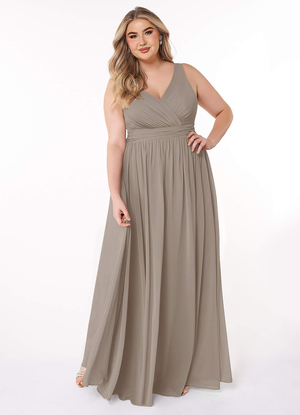 Azazie Kora Bridesmaid Dresses Taupe A-Line Pleated Chiffon Dress image1