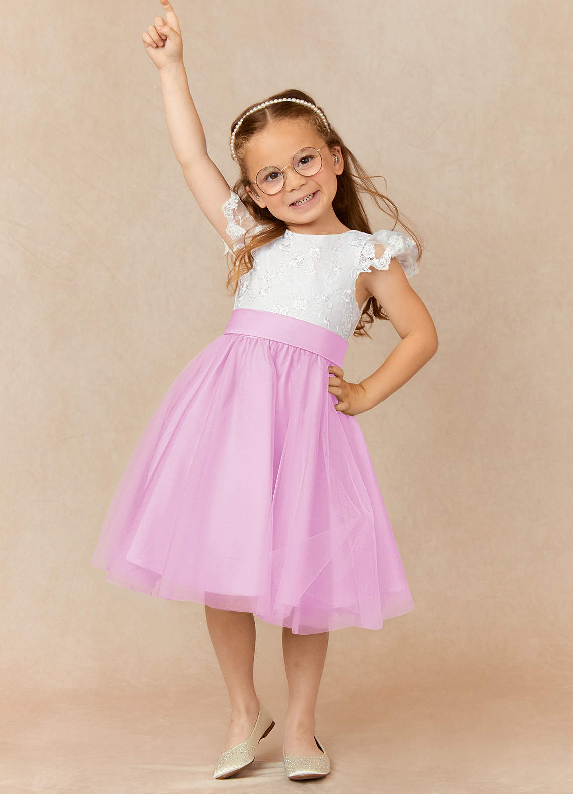 Azazie Vetty Flower Girl Dresses Ivory Candy Pink A-Line Lace Tulle Dress image1