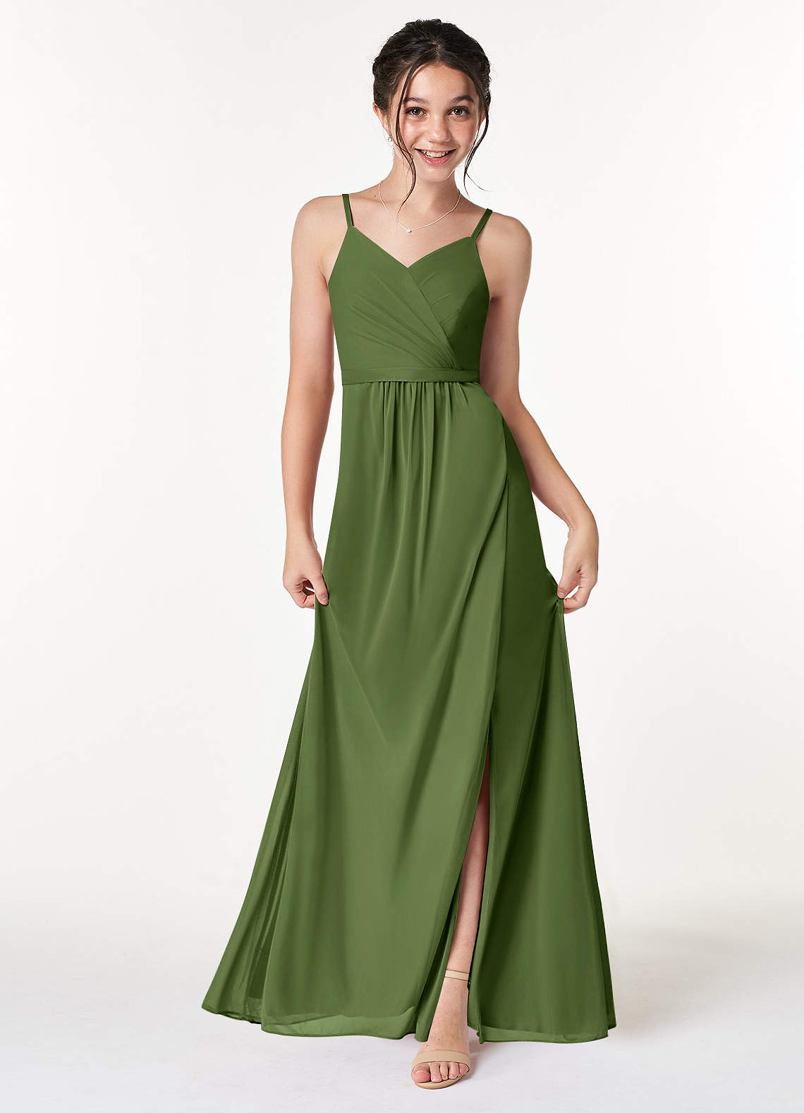 Azazie Luxy Junior Olive Pleated Mesh Dress image1