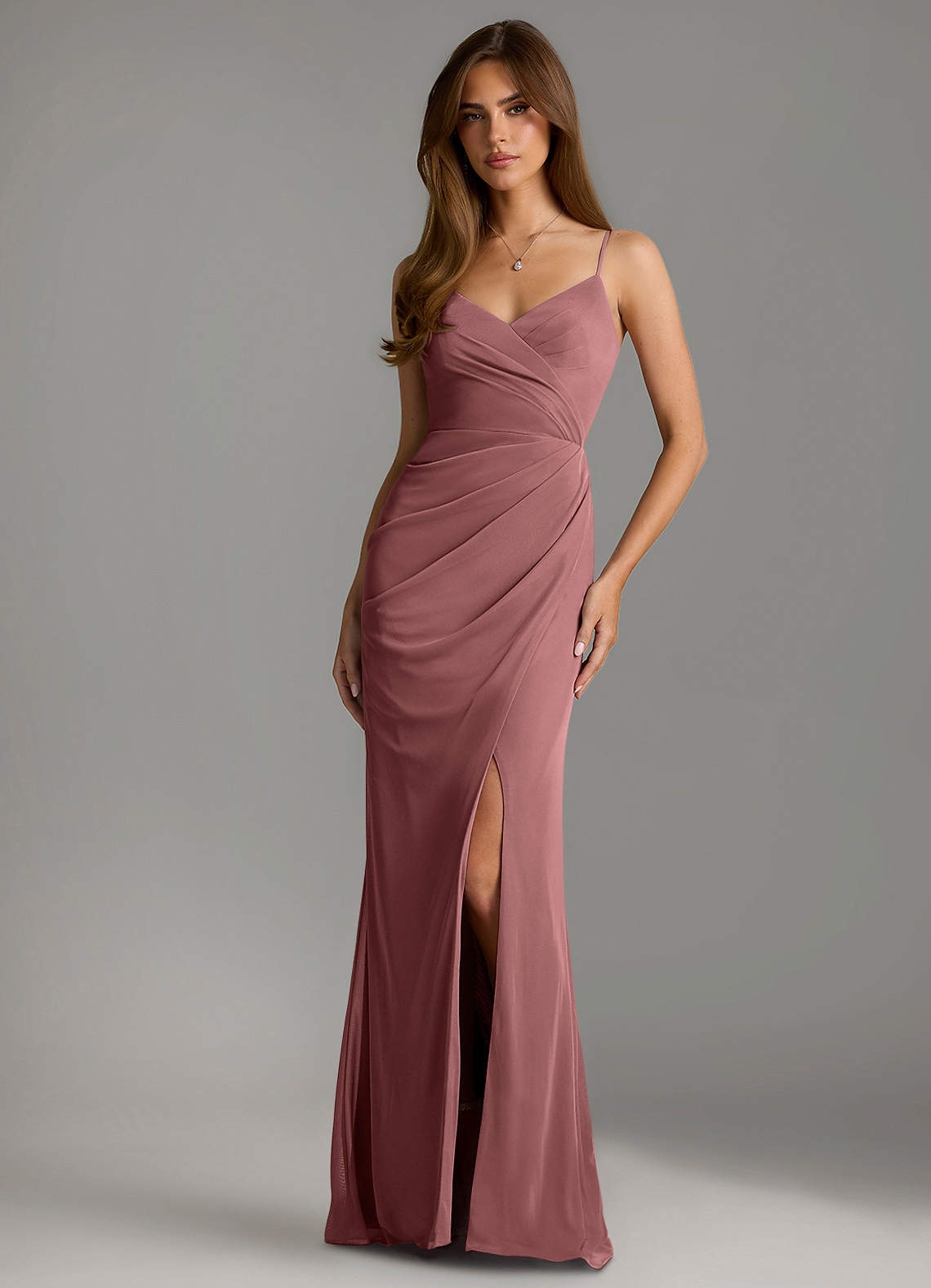 Azazie Maci Bridesmaid Dresses Desert Rose Sheath Pleated Mesh Dress image1