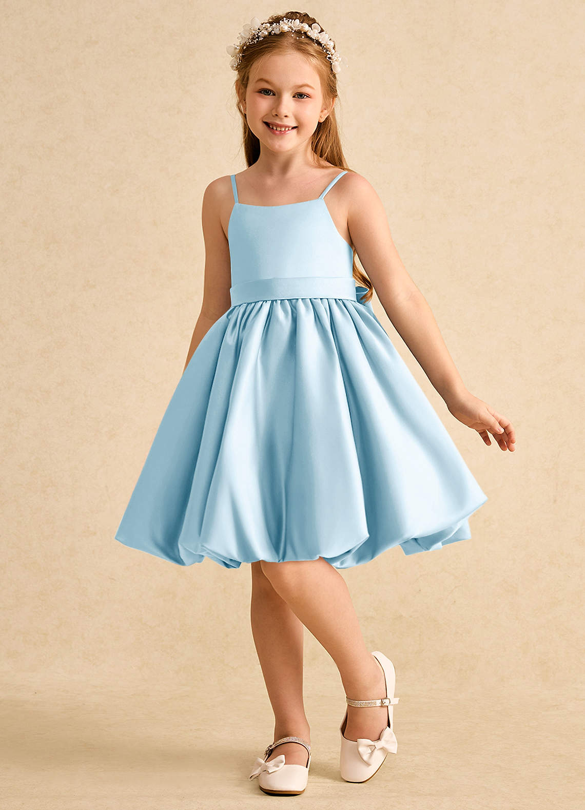 Azazie Davine Flower Girl Dresses Sky Blue A-Line Spaghetti Strap Matte Satin Dress image4