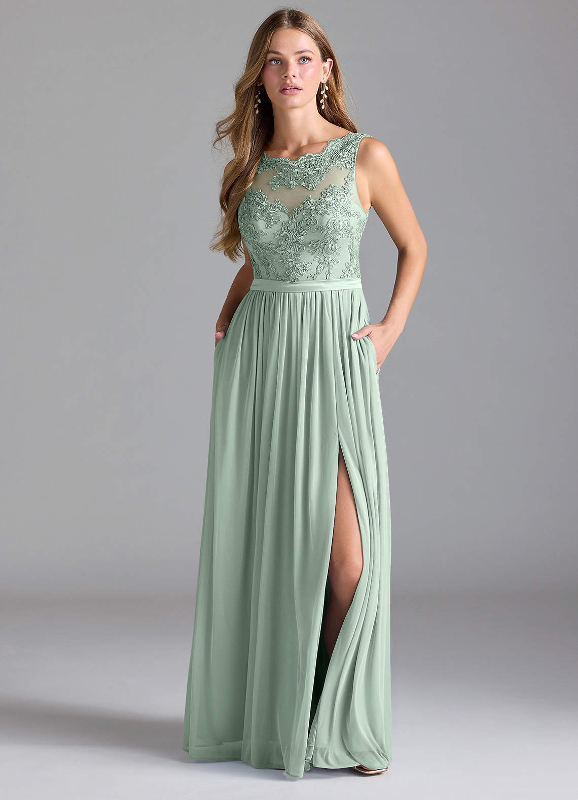 Azazie Elly Bridesmaid Dresses Agave A-Line Lace Mesh Dress image1