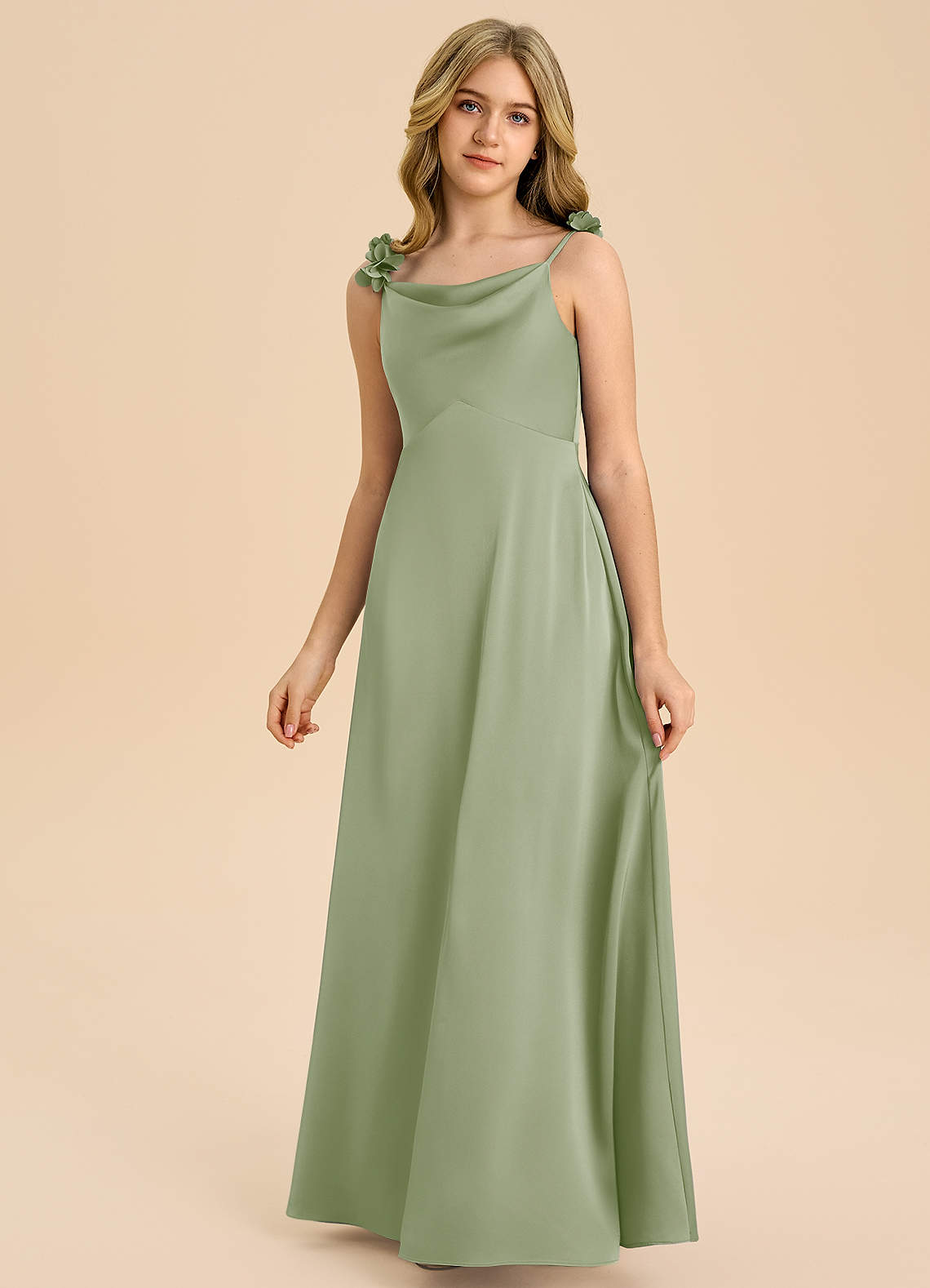 Azazie Gumdrop Junior Dusty Sage Empire Pleated Stretch Satin Dress image2
