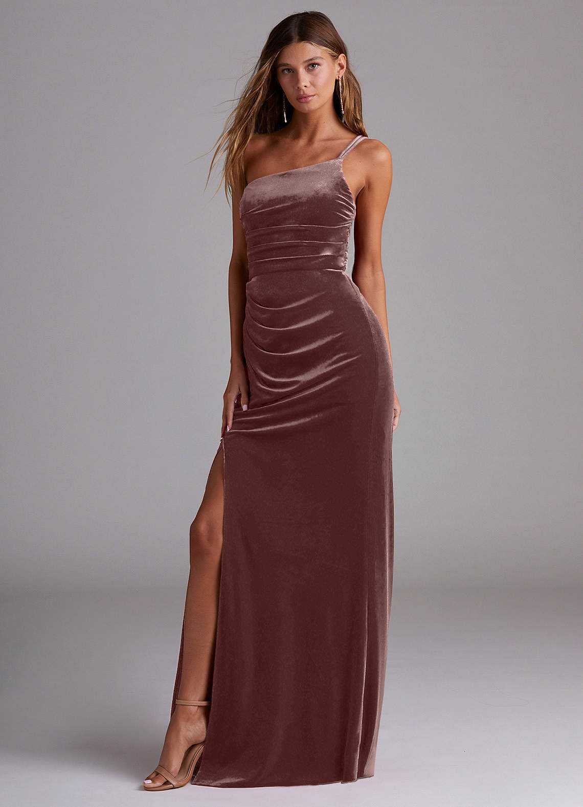Azazie Eren Brautjungfernkleider Etui One-Shoulder Samt Kleid Espresso image1