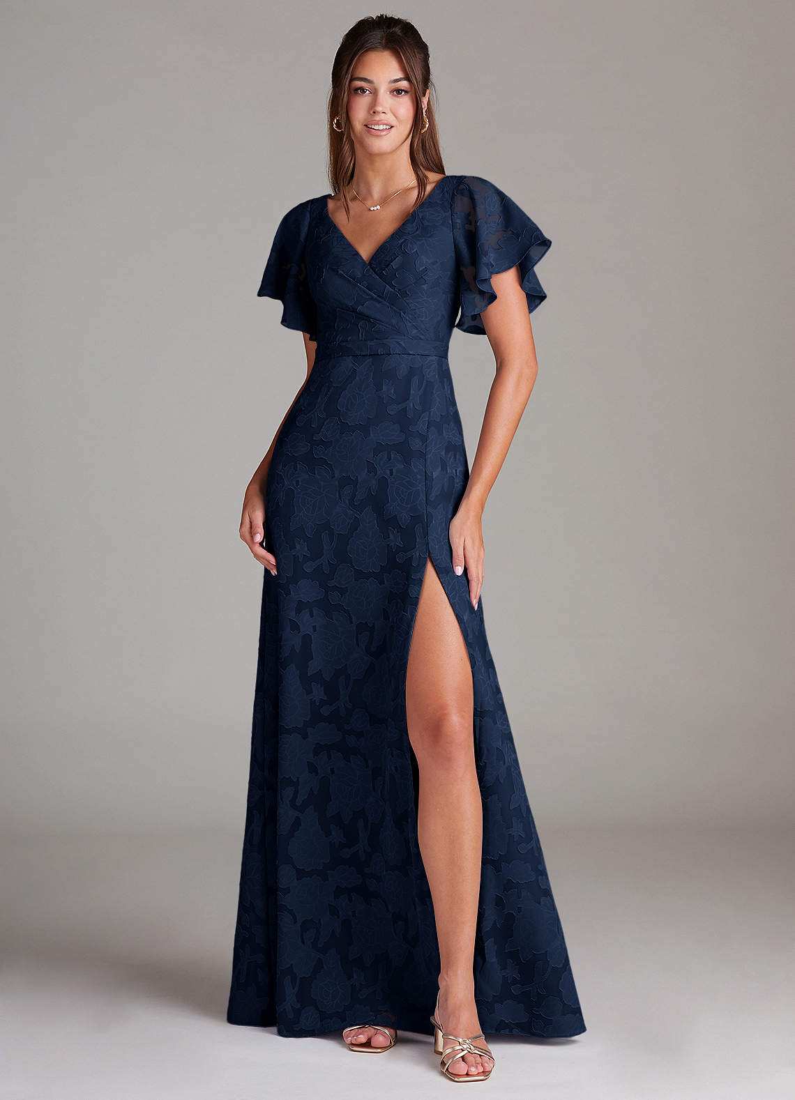 Azazie Ambrosia Bridesmaid Dresses Dark Navy A-Line Pleated Floral Burnout Dress image1