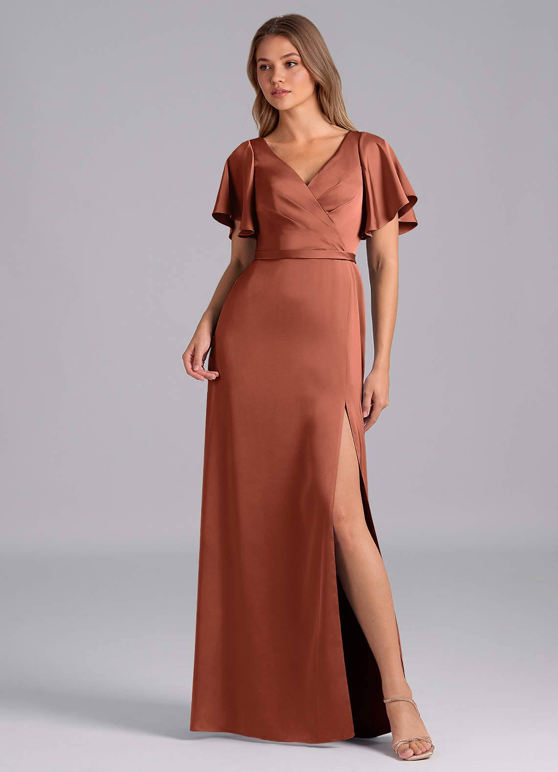 Azazie Ambrosia Bridesmaid Dresses Clay A-Line Pleated Stretch Satin Dress image1