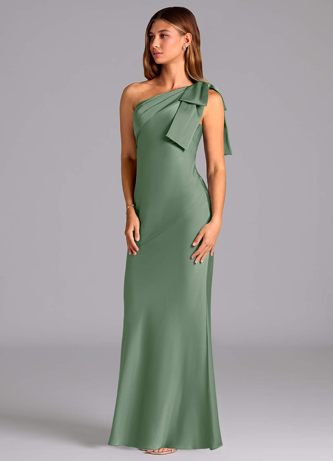 Azazie Yuanna Bridesmaid Dresses Matcha Mermaid One Shoulder Stretch Satin Dress image3