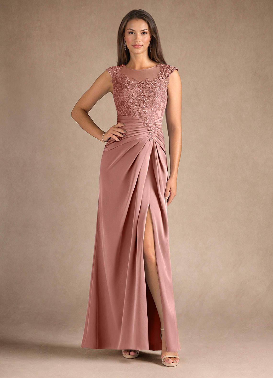 Azazie Santa Barbara Mother of the Bride Dresses Rosette Sheath Pleated Stretch Satin Dress image1