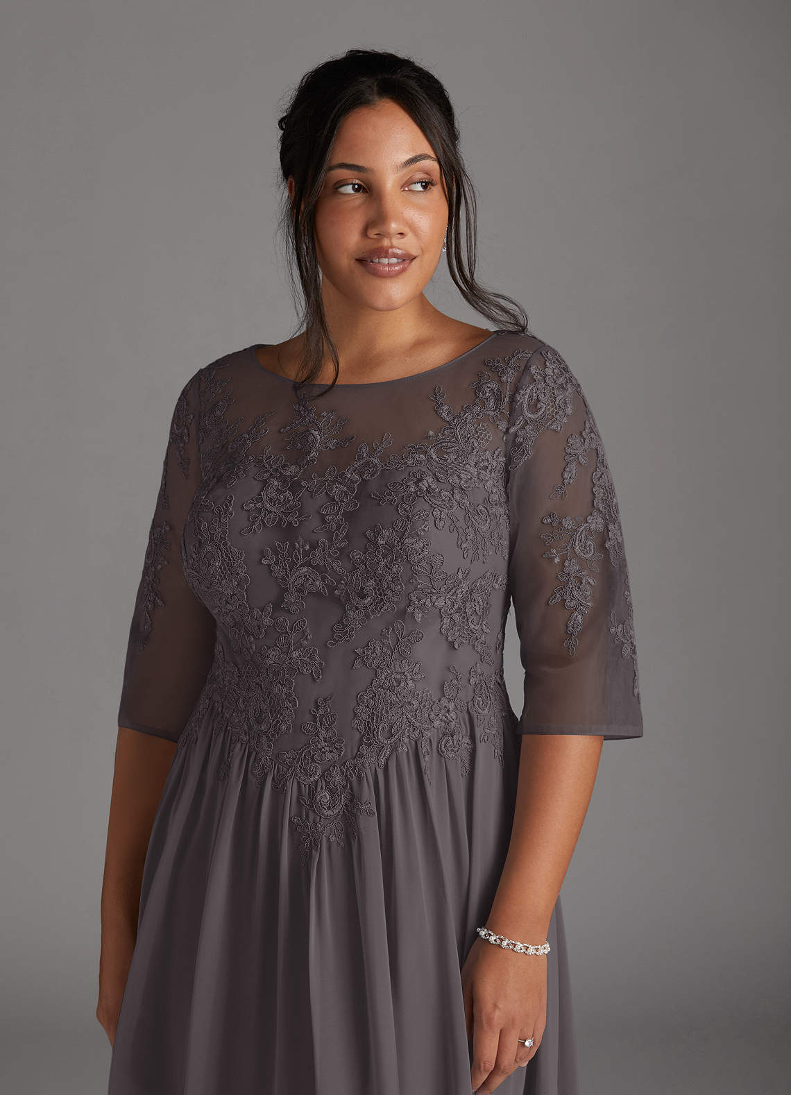 Azazie Mirielle Steel Grey A-Line Scoop Lace Chiffon Dress | Azazie