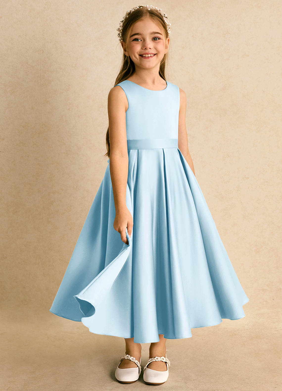 Azazie Junebuj vestidos de niña de las flores Vestido de Azul Cielo de Satin Mate de Princesa con Plisado image1