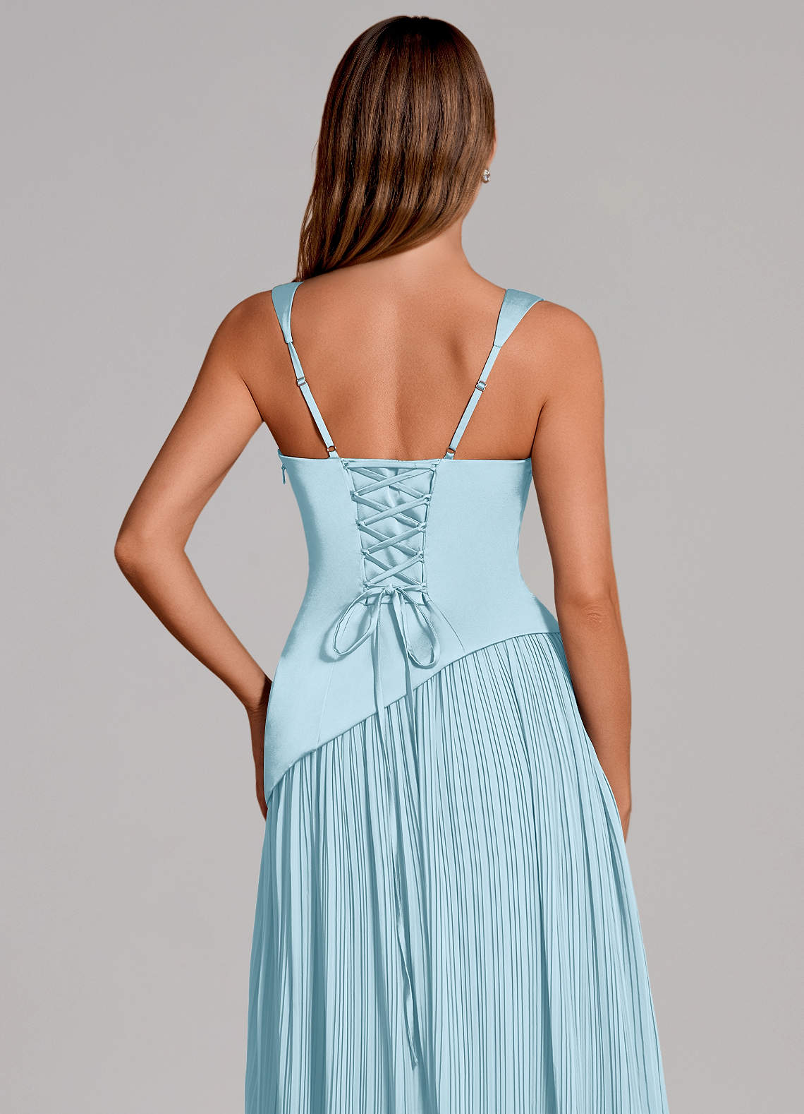 Azazie Stephanie Vestidos de madrinha de casamento Vestido Céu Azul de Cetim elástico de Linha A com Plissado image1