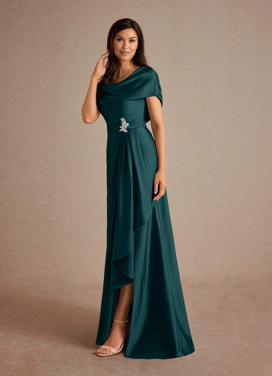 Azazie Branford Mother of the Bride Dresses Pine A-Line Pleated Stretch Satin Dress image1