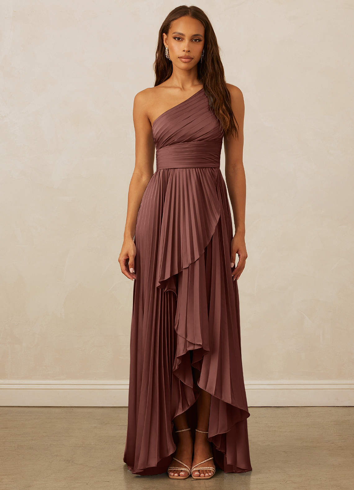 Christian Siriano Bridal for Azazie 1008 Bridesmaid Dresses Espresso A-Line One Shoulder Stretch Satin Dress image1