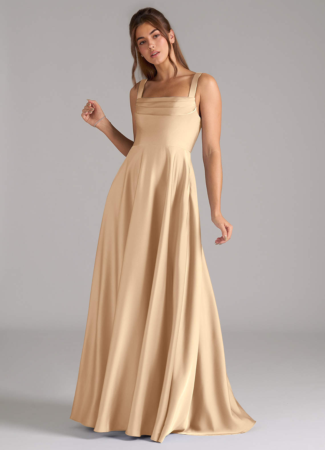 Azazie Shaude Bridesmaid Dresses Champagne A-Line Pleated Stretch Satin Dress image4