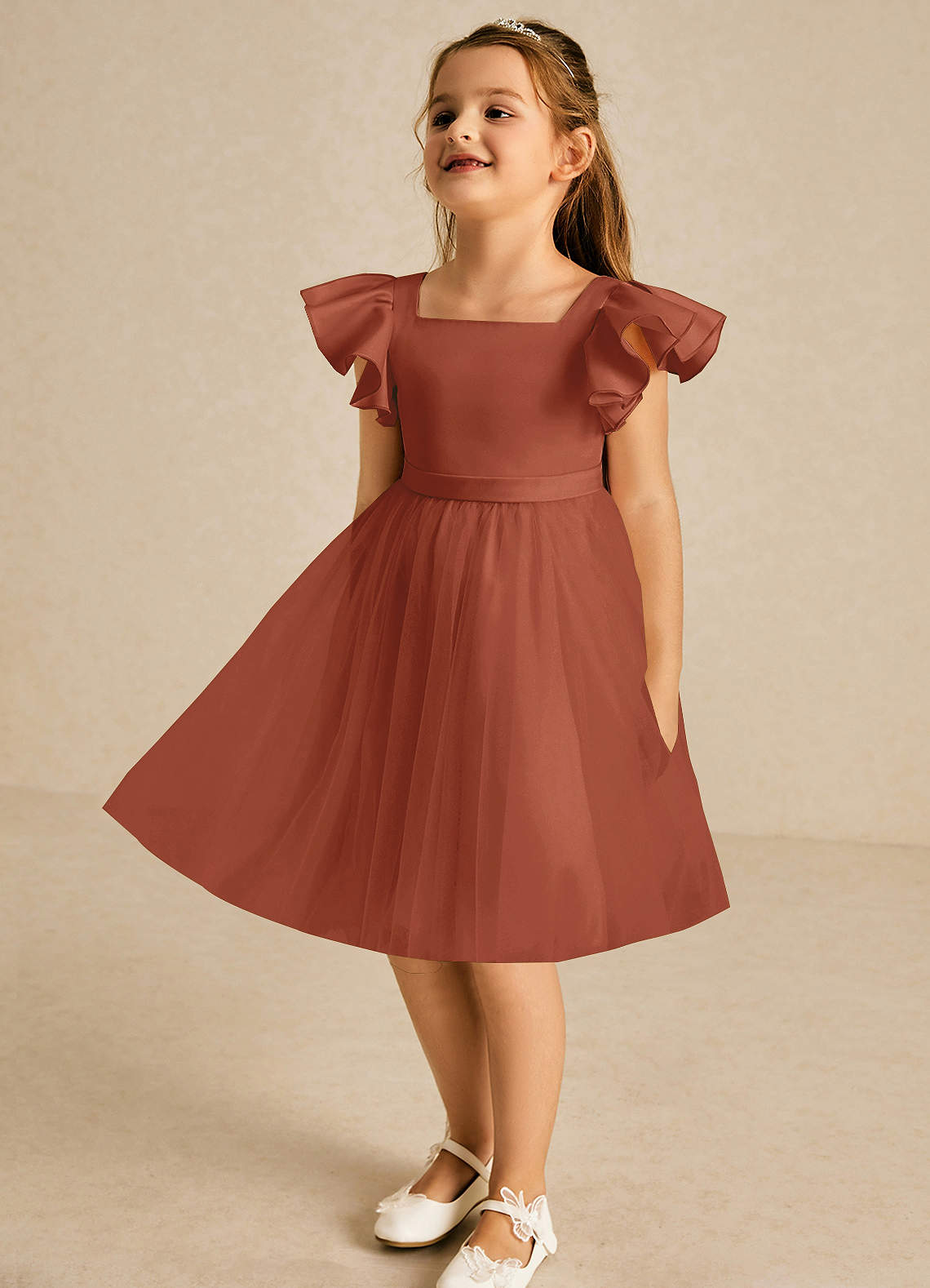 Azazie Kaeya Flower Girl Klänningar Klä A-Linje i Tyll Rosett image3