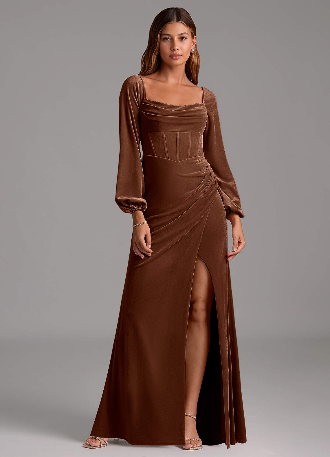Azazie Charissa Bridesmaid Dresses Umber Sheath Long Sleeve Velvet Dress image1