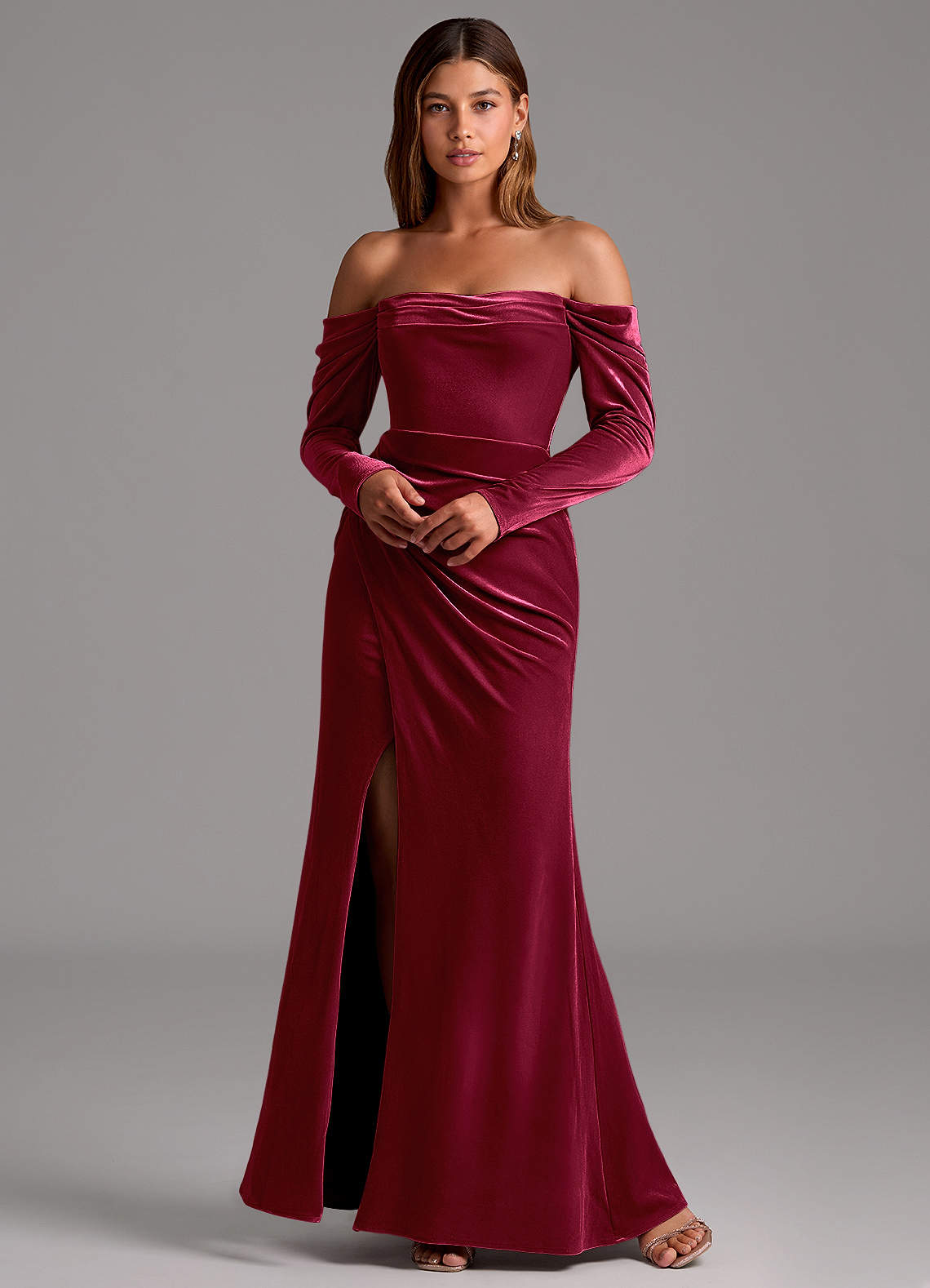 princess polly baby blue dress Long Sleeve Burgundy Velvet Bridesmaid Dresses main image 1