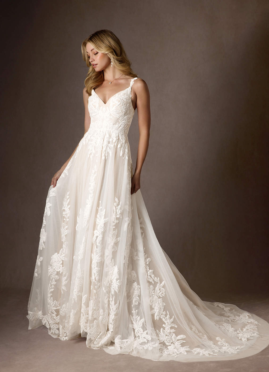 Azazie Delaina Wedding Dresses Diamond White Champagne A-Line V-Neck Sequins Tulle Dress image1