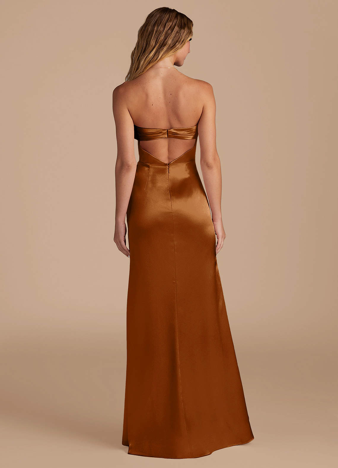 Azazie Leonis Vestidos de madrinha de casamento Vestido Cobre de Cetim Metálico de sereia com Plissado image5