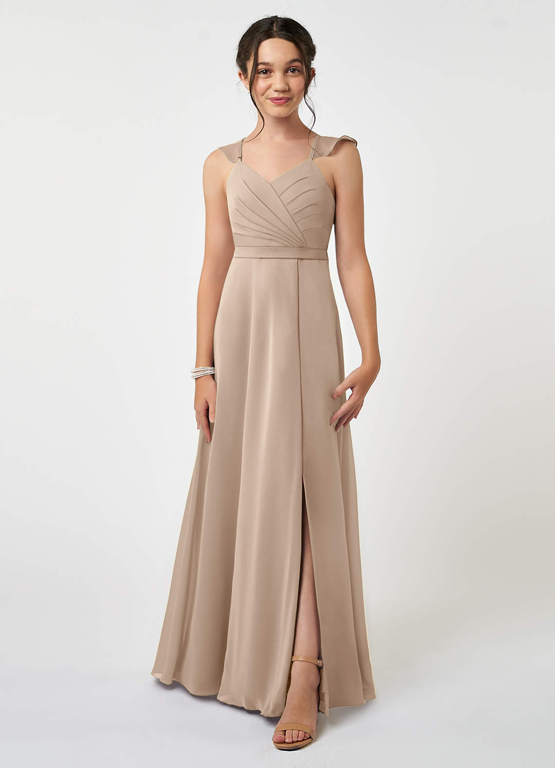Azazie Emily Junior A-Linie Gestreift Chiffon Kleid Taupe image1