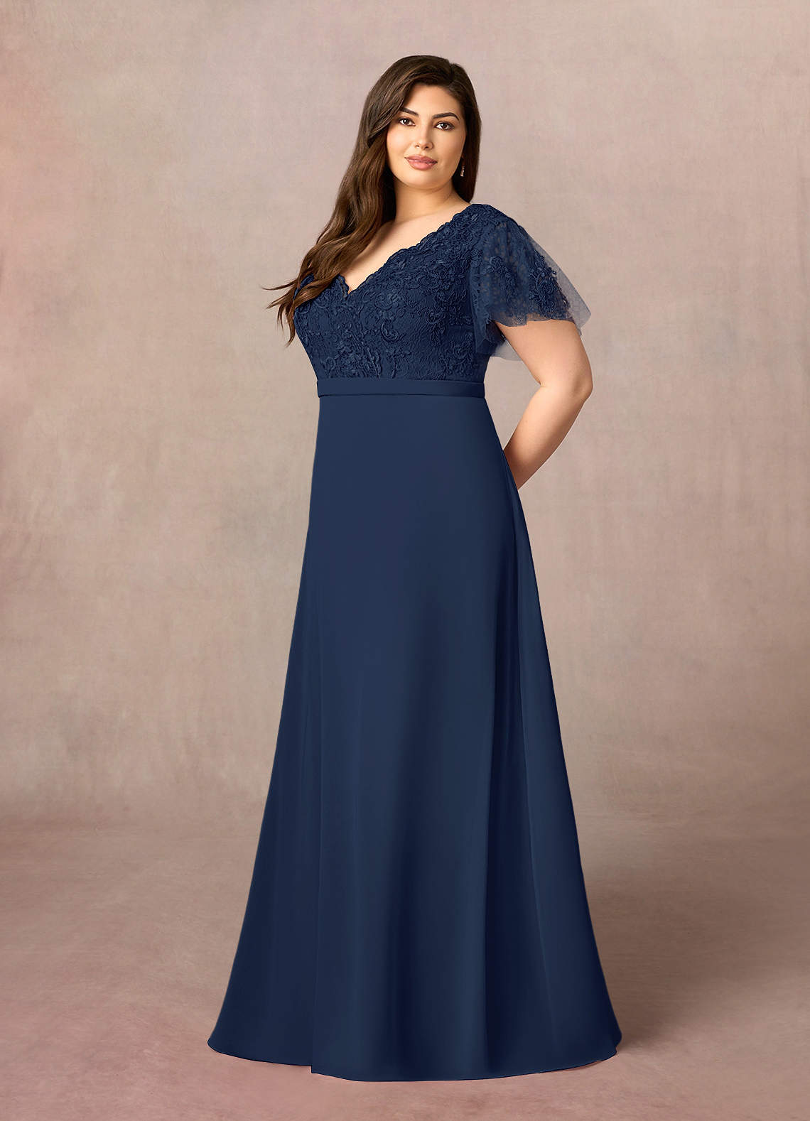 Dark Navy A-Line V-Neck Lace Chiffon Dress main image 0