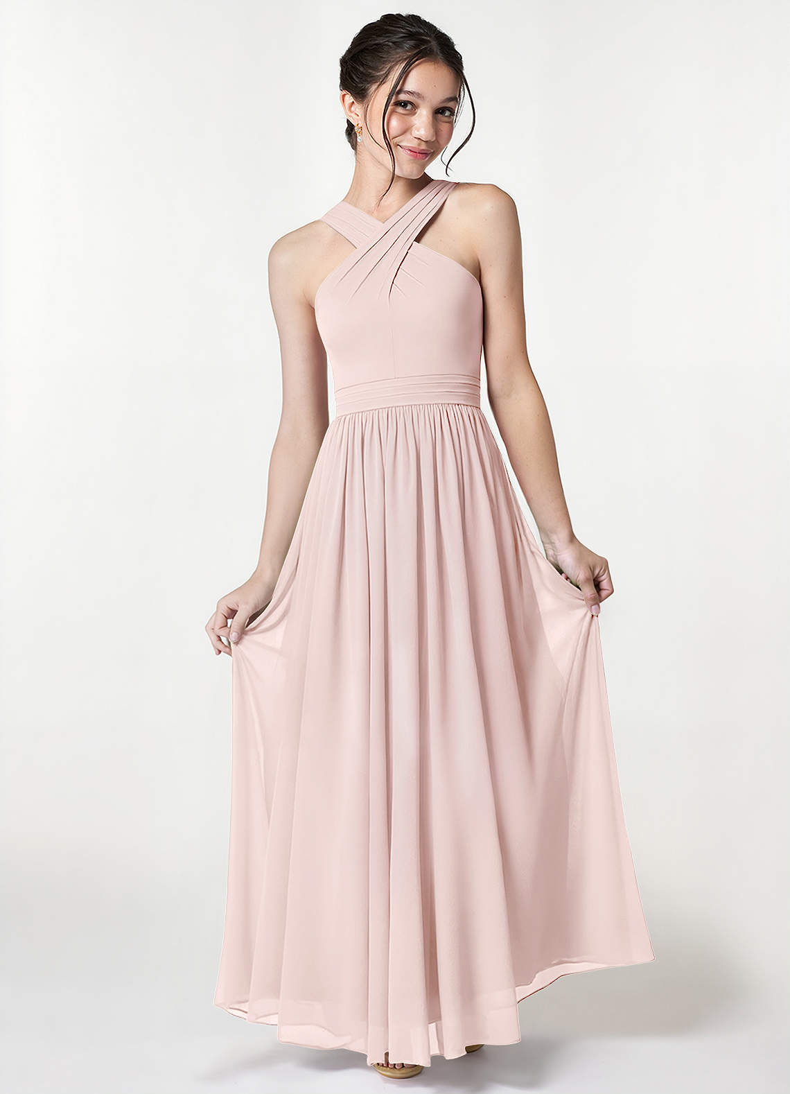 Azazie Jiya Junior Blushing Pink A-Line Pleated Mesh Dress image1