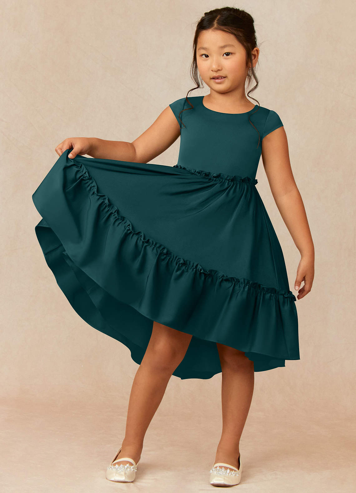 Azazie Lee Flower Girl Dresses Pine A-Line Bow Stretch Satin Dress image1