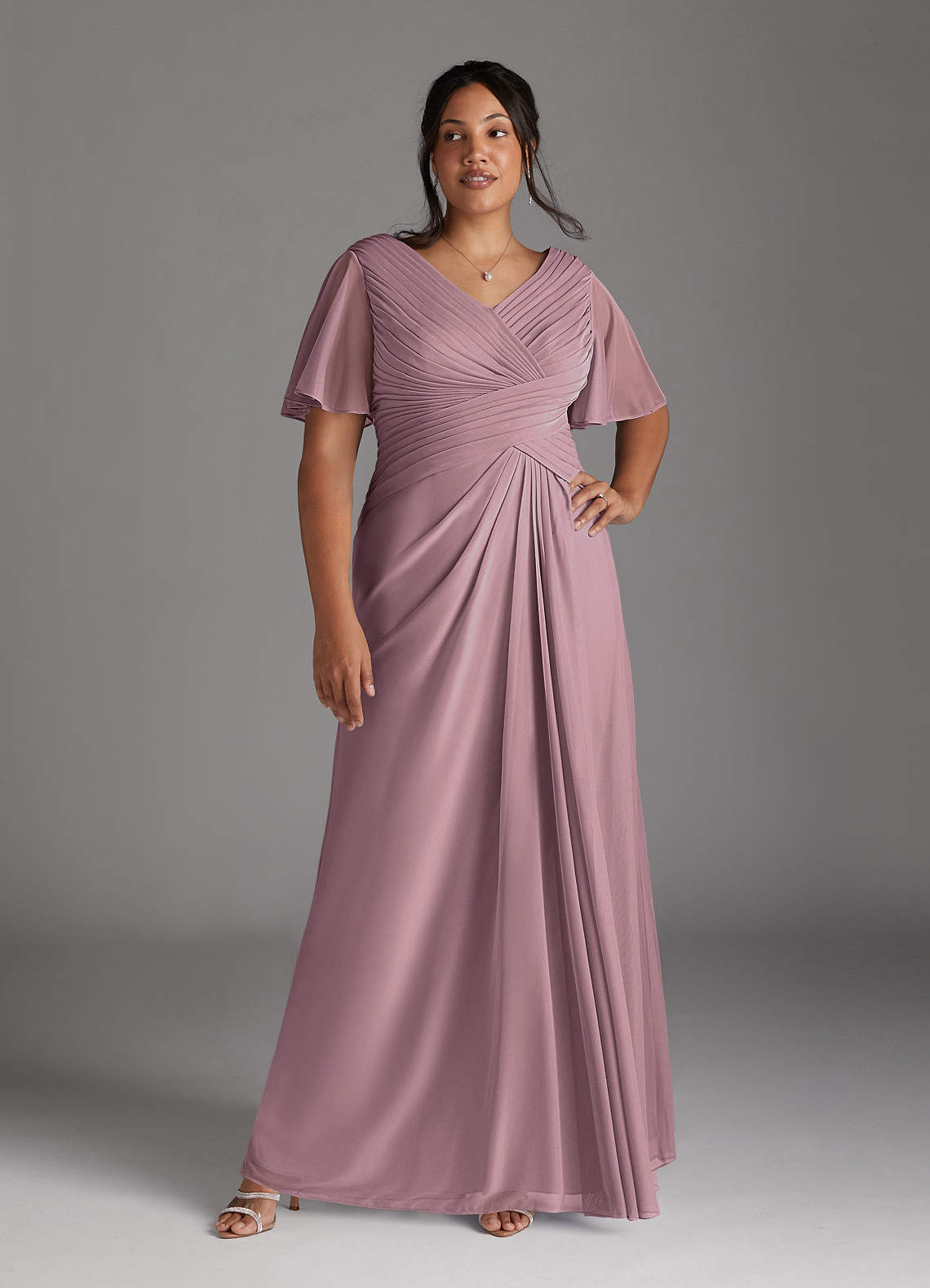 Azazie Emmeline Mother of the Bride Dresses Dusty Rose A-Line V-Neck Pleated Mesh Dress image8