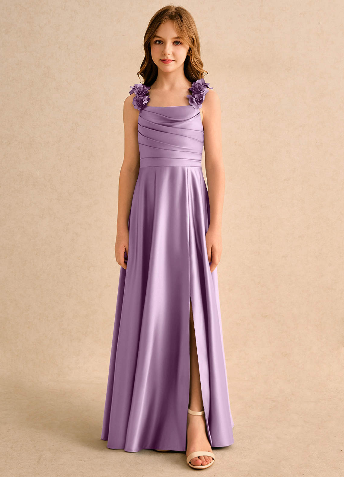 Azazie Rosita Girls Formal Robe Demoiselle D'honneur Fillette Robe Trapèze en Mat Satiné Plissée Glycine image2