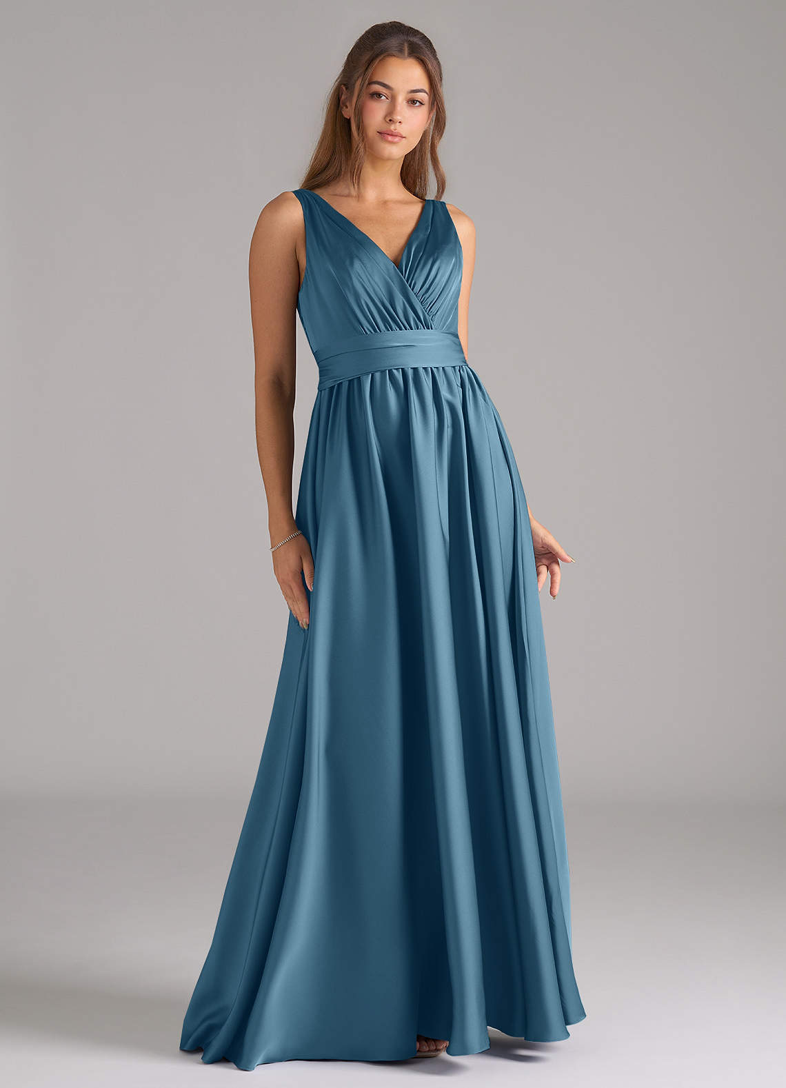 Azazie Kora Bridesmaid Dresses Bermuda A-Line Pleated Stretch Satin Dress image1