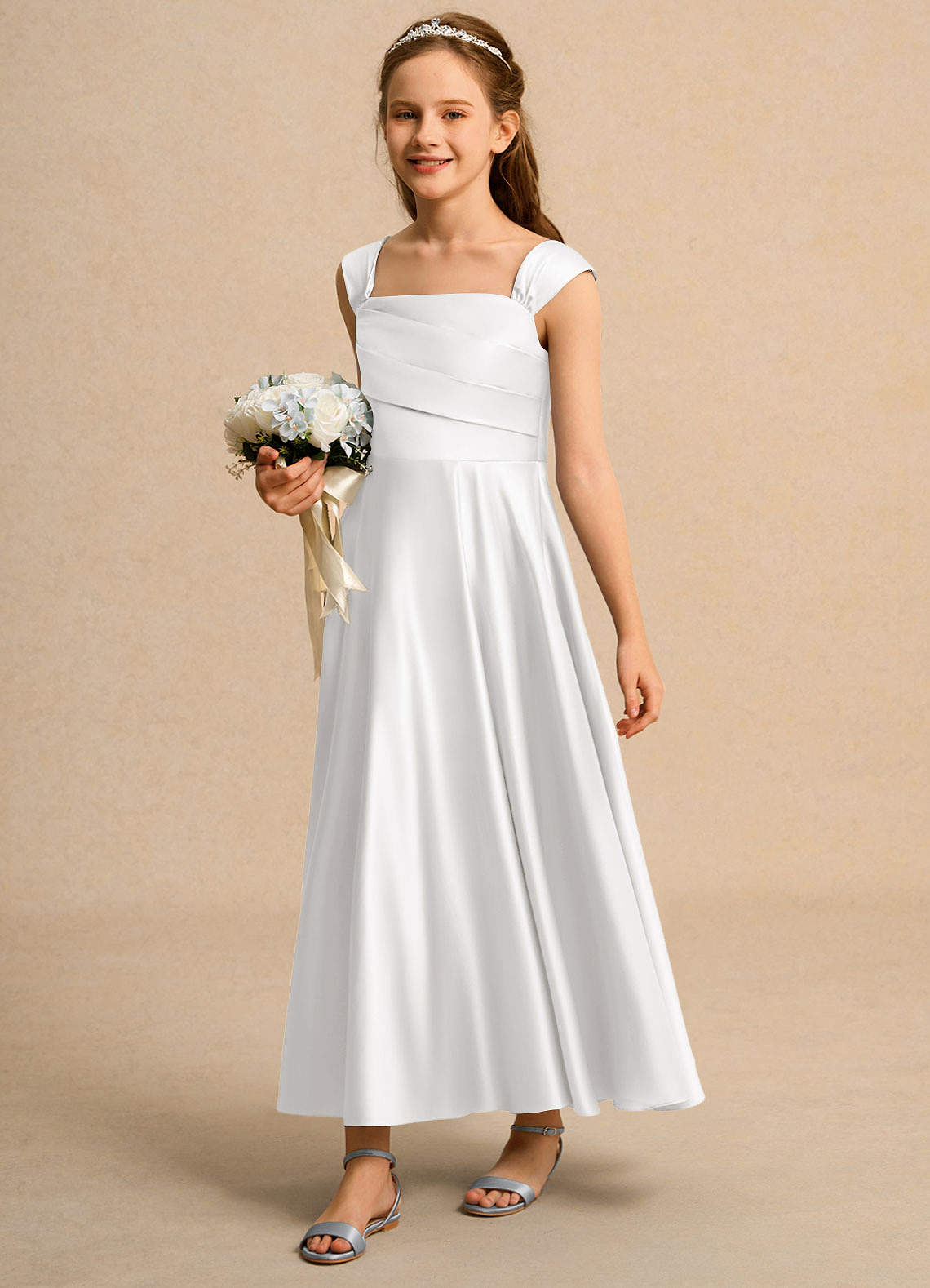 Azazie Bundle Girls Formal Kukkatyttöjen mekot A-linja Pliseerattu Matta satiini Nilkan pituus Pukeutua image4