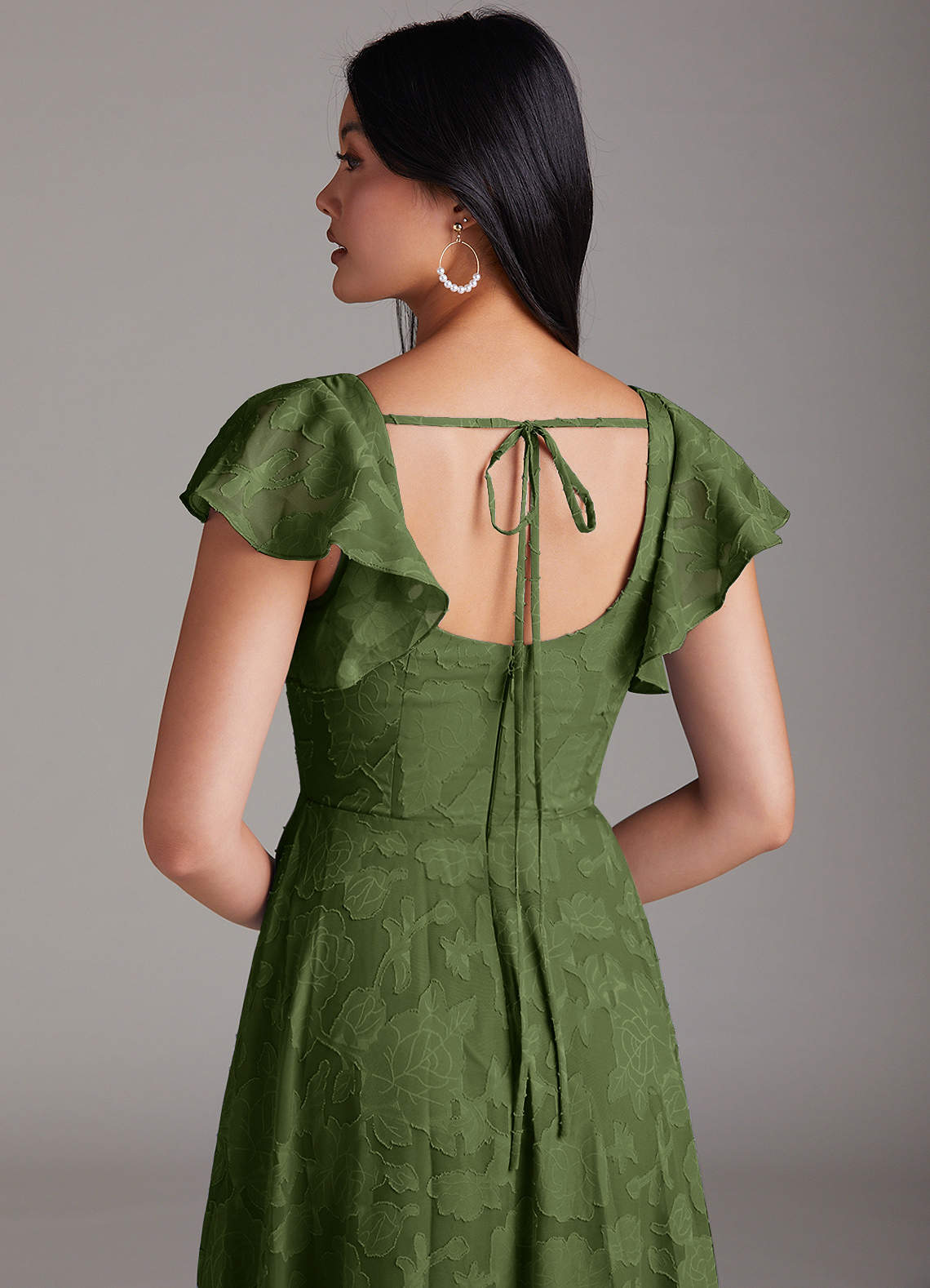 Azazie Bondi Vestidos de madrinha de casamento Vestido Oliva de Esgotamento Floral de Linha A com Fenda Lateral image4