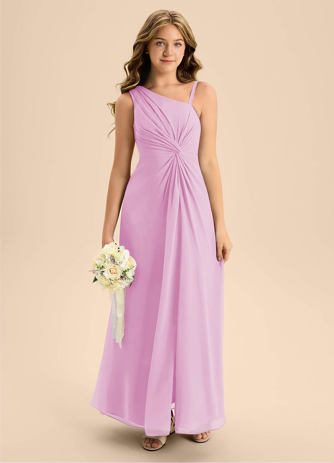 Azazie Brooke Junior Vestido de Rosa Caramelo de Gasa de Corte En A con Corte Lateral image2