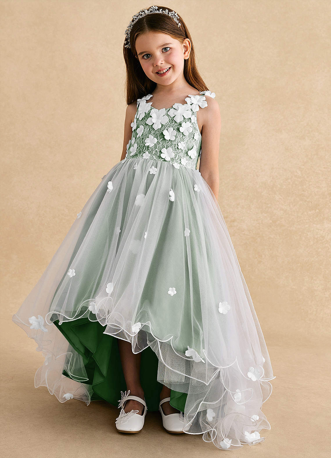 Azazie Celia Flower Girl Dresses Matcha A-Line Lace Tulle Dress image5