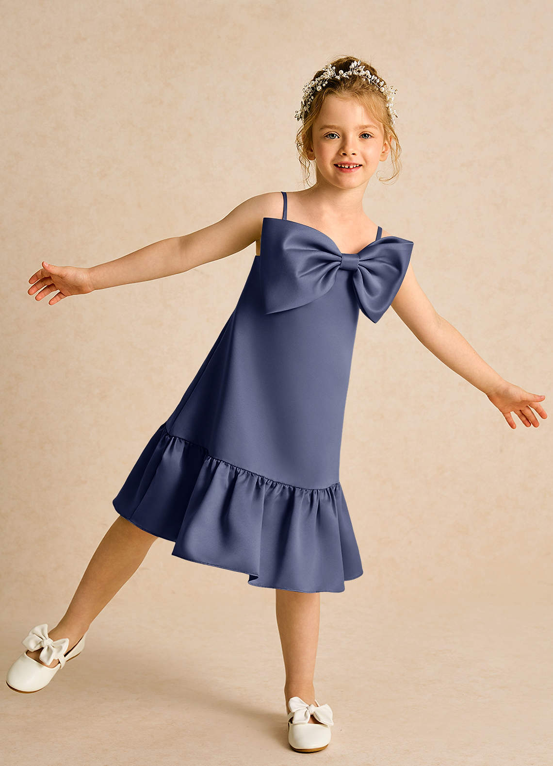 Azazie Kiwi Flower Girl Dresses Stormy A-Line Spaghetti Strap Matte Satin Dress image1
