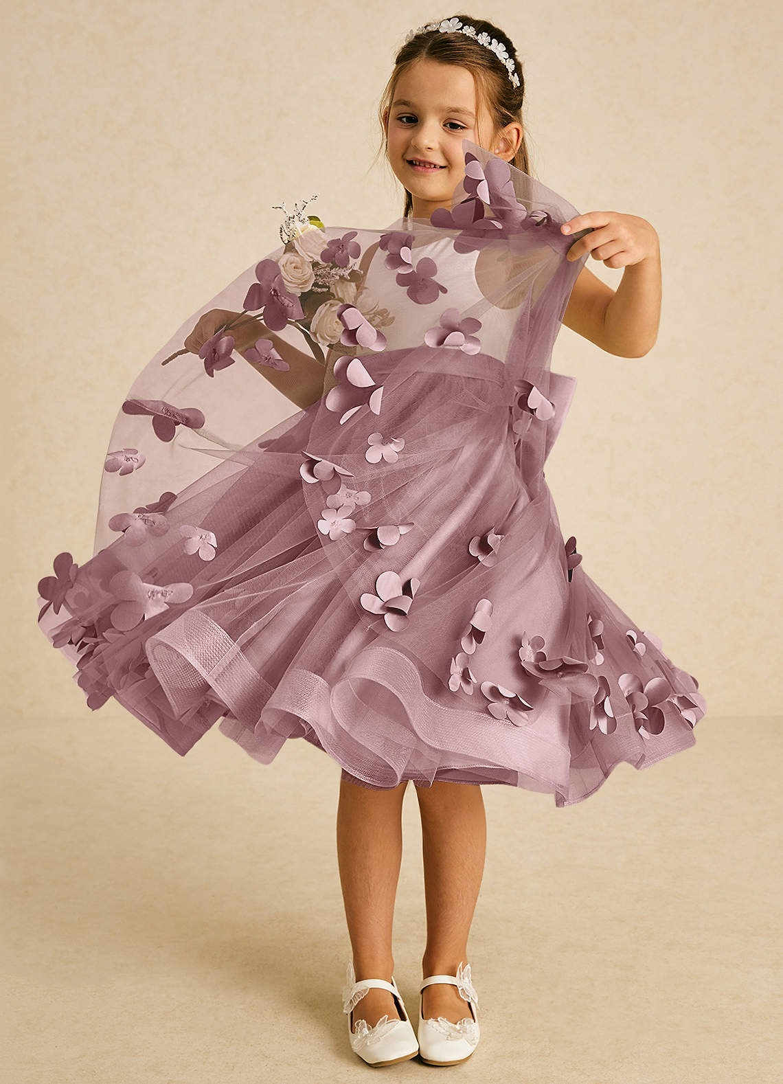 Azazie Sprout Flower Girl Dresses Dusty Rose A-Line Bow Tulle Dress image2