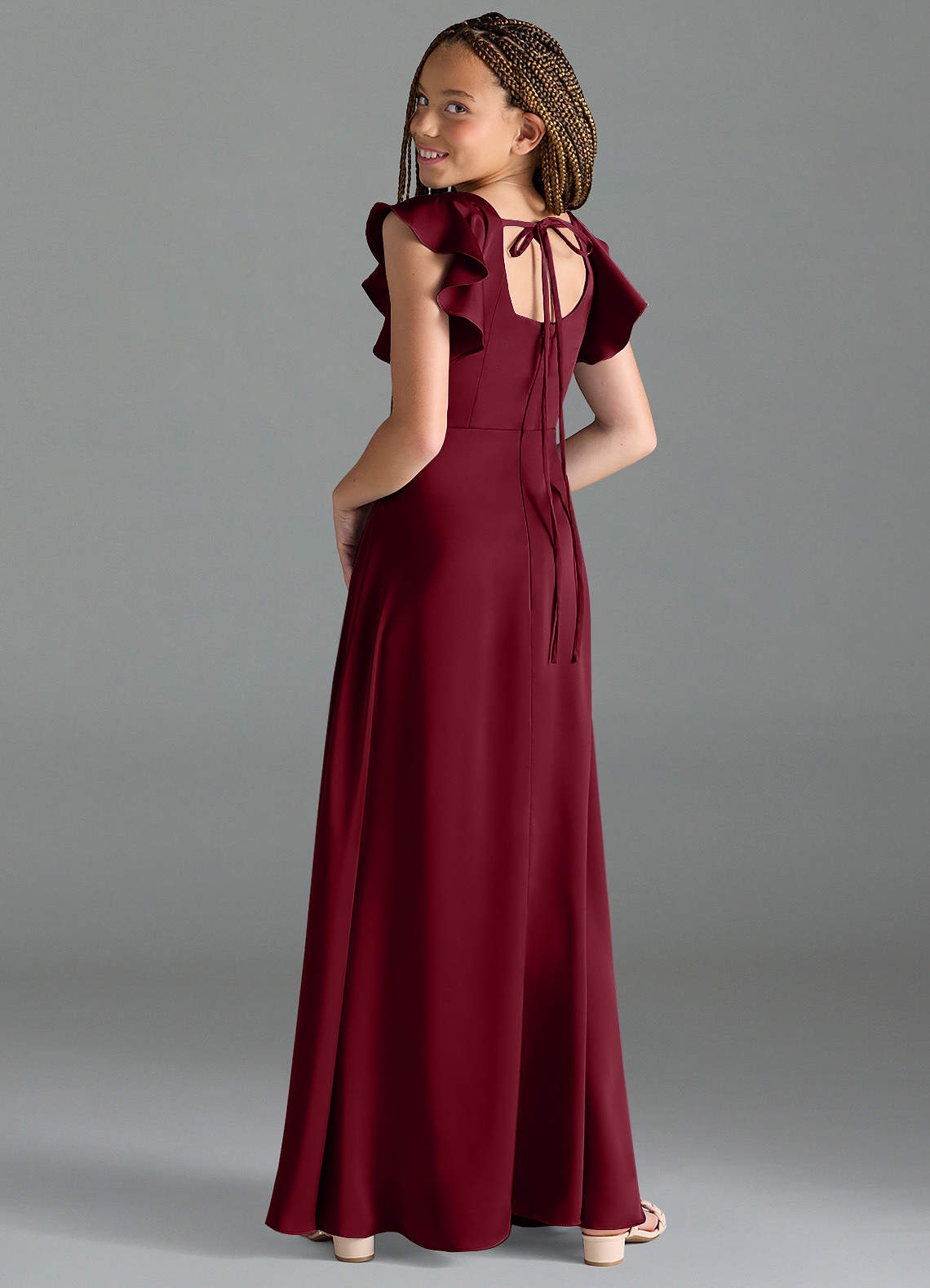 Azazie Bondi Junior Burgundy A-Line Side Slit Stretch Satin Dress image4