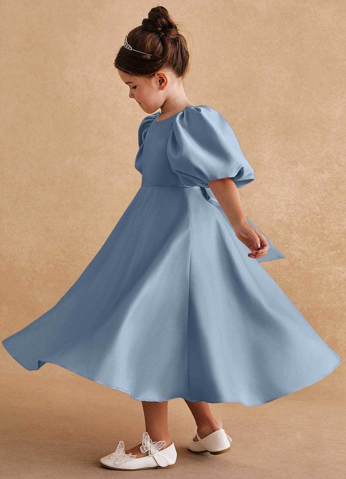 Azazie Sugarplum Flower Girl Dresses Dusty Blue A-Line with Sleeves Matte Satin Dress image1