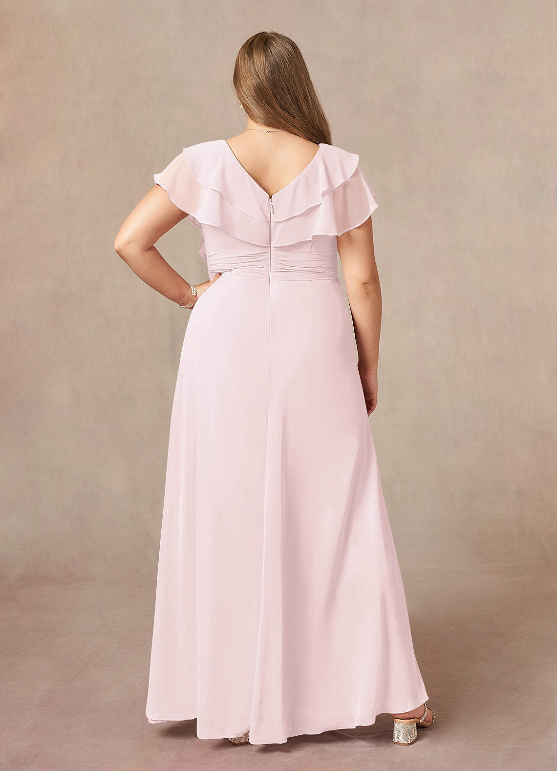V-neck Lace A-Line Chiffon Asymmetrical Dress Blushing Pink main image 1