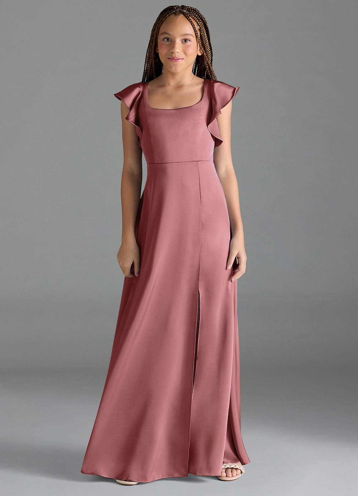 Azazie Bondi Junior Amethyst A-Line Side Slit Stretch Satin Dress image1