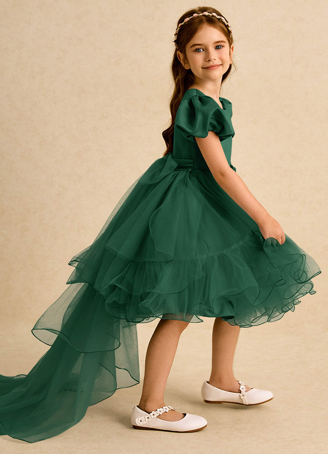 Azazie Cocoa Flower Girl Dresses Dark Green Ball-Gown Pleated Tulle Dress image1