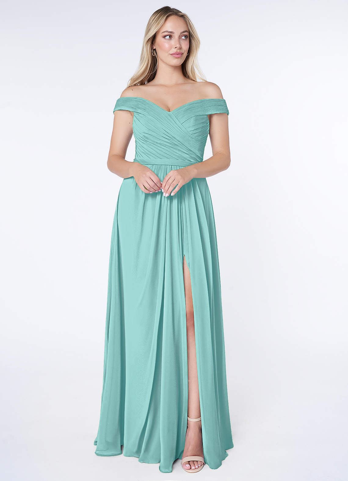 Azazie Audrianna Brautjungfernkleider Wandelbar A-Linie Schulterfrei gerafft Chiffon Kleid Aqua image1