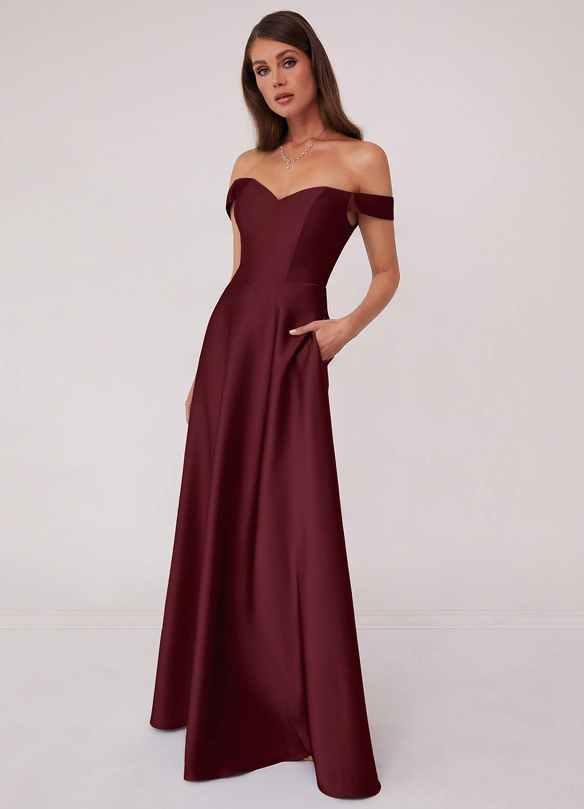 Barbie ♥ Azazie Bridesmaid Dresses Cabernet A-Line Off the Shoulder Stretch Satin Convertible Dress image2