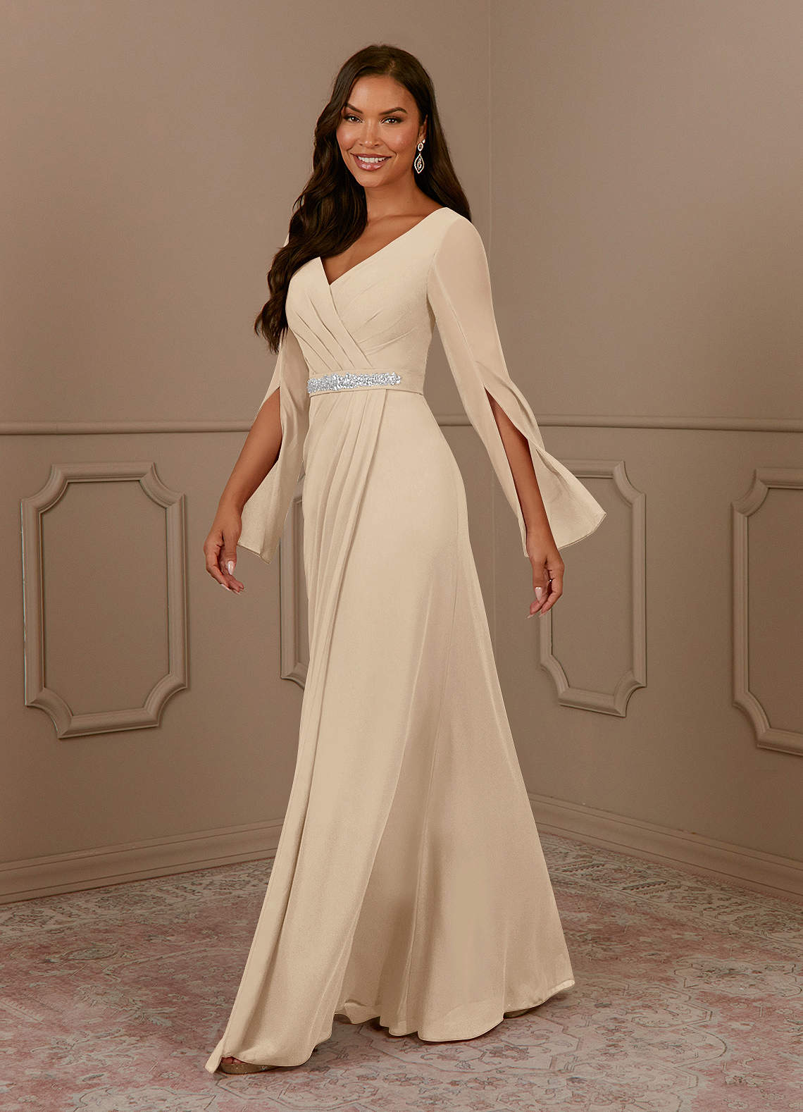 Azazie Belinda Champagne A-Line V-Neck Pleated Chiffon Dress | Azazie