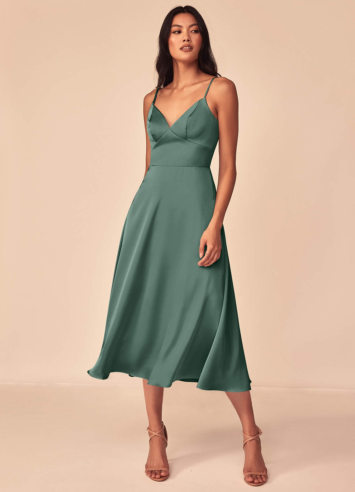 Azazie Dottie Venta Final Vestido de Eucalipto de Satén Elástico de Corte en A image2